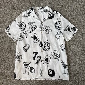 ASOS Lucky Button Up Camp Shirt Men's Large Black White Vegas Graphic Print